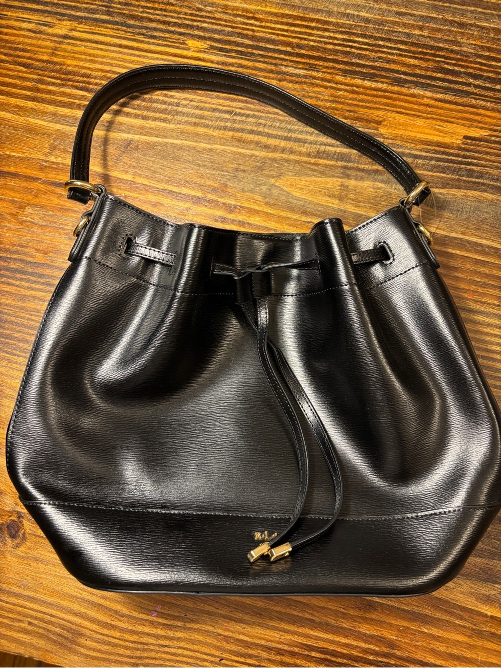 Lauren Ralph Lauren Black Genuine Leather Bucket Shoulder Bag Gold Hardware